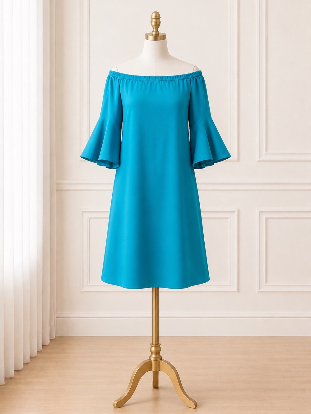Trina Turk Off Shoulder Teal Know Shift Dress Bell Sleeve Size M NWT